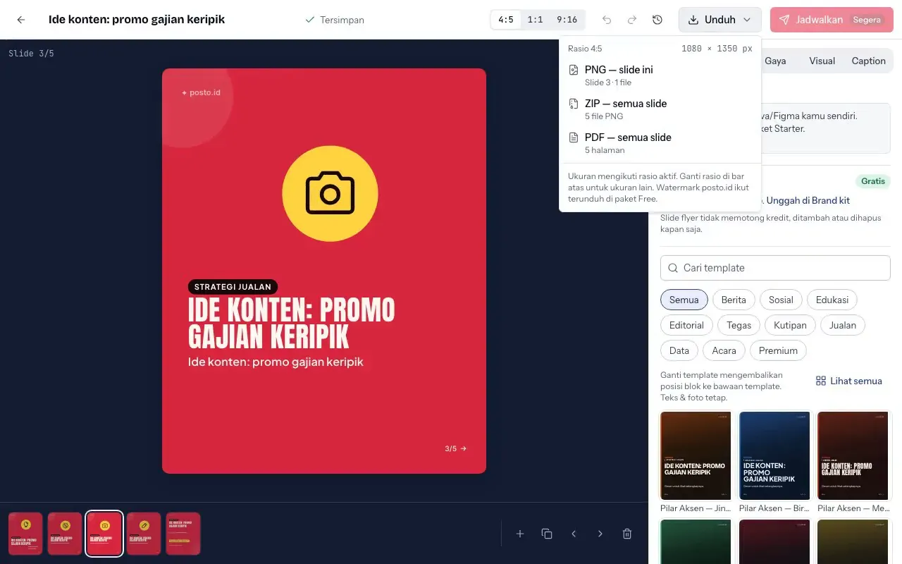 Rekaman layar Posto: ide "promo gajian keripik" diketik, lima slide jadi, lalu dibuka di studio.