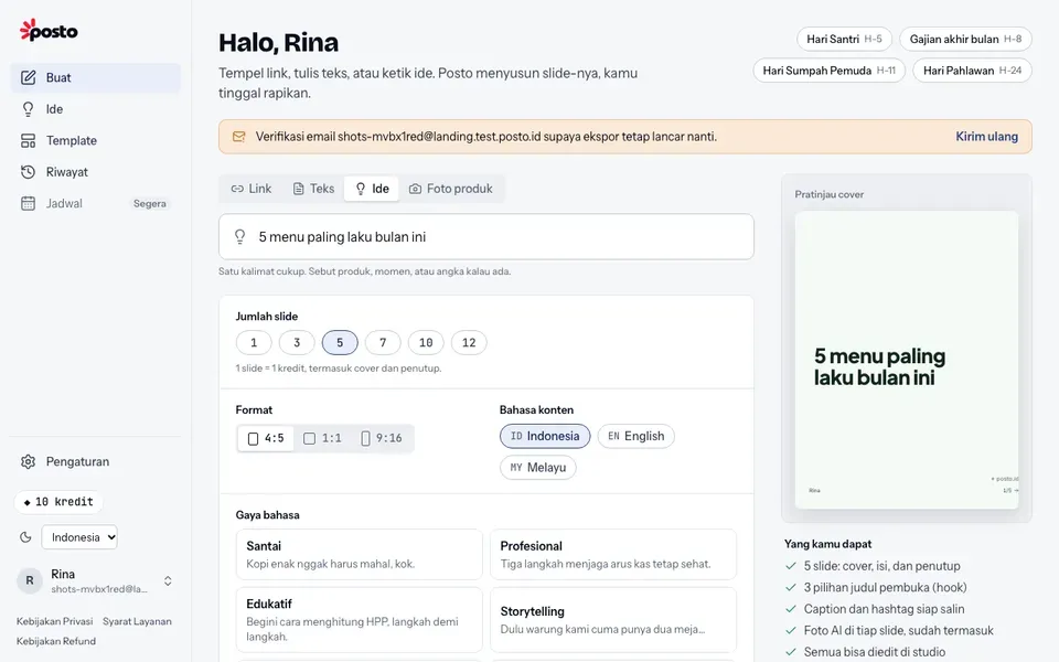 Tangkapan layar generator Posto: kolom ide berisi "5 menu paling laku bulan ini".