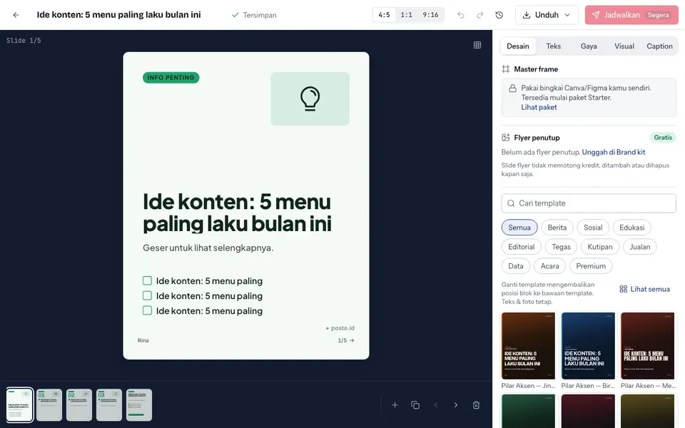Tangkapan layar studio Posto dengan slide hasil generate dan panel edit.